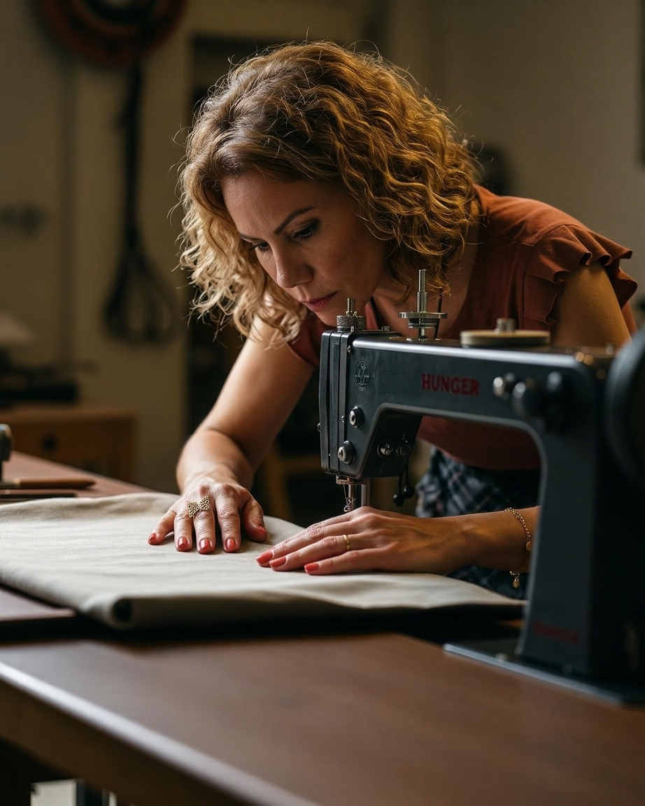 Costureira trabalhando em máquina de costura industrial com tela Sling