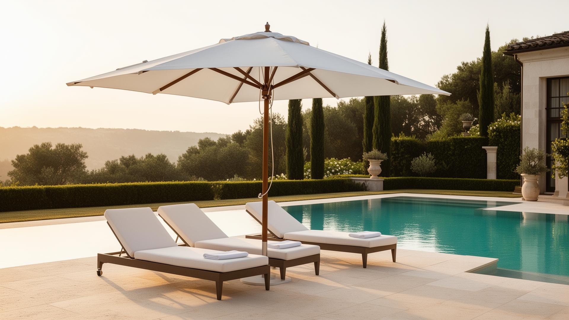 Ombrelone premium com cadeiras e espreguiçadeiras em tela Sling à beira da piscina